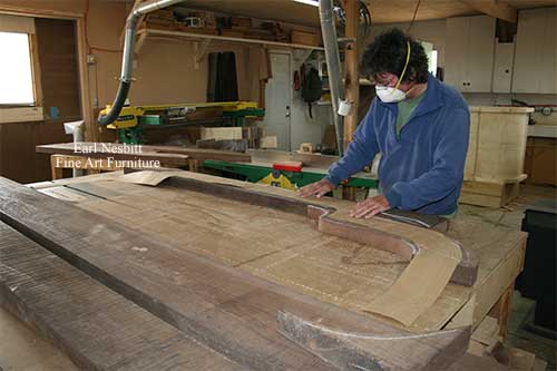 Earl laying out template onto wenge boards prior to cut Earl laying out template onto wenge boards prior to cut
